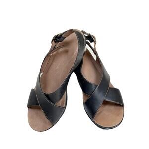 DANSKO Jacinda Sandals Women Sz 38 7.5-8 Black Leather Slingback Wedge